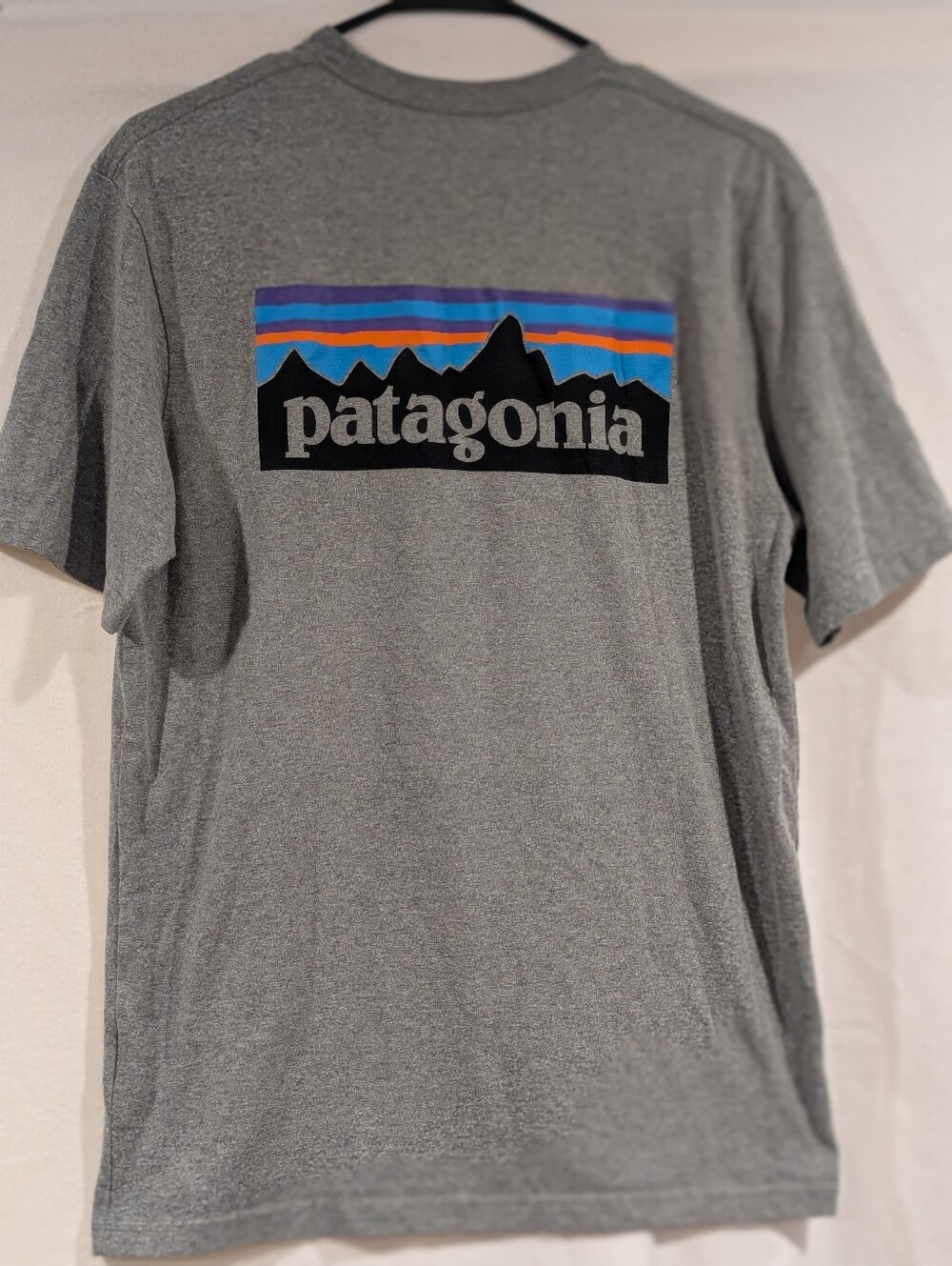 Patagonia Gray Short-Sleeve Logo Tee with Blue and Orange Stripes Small